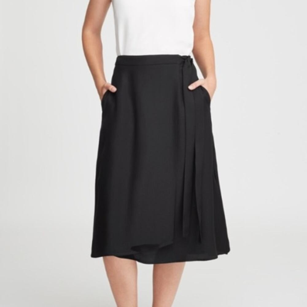 Cuyana Tie Waist Side Slit Tencel-Cupro Blend A-Line Wrap Midi Skirt Black XS